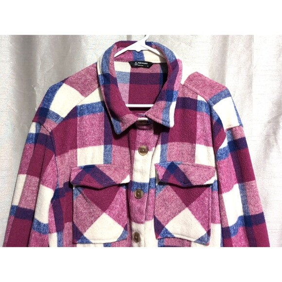 Women's Flannel Shacket Size XL Button Up Long Sleeve Warm Plaid Purple Pink - Picture 12 of 16
